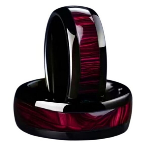 Tungsten Carbide Steel High Polished Red Marble Statement Wedding band - Picture 2 of 8